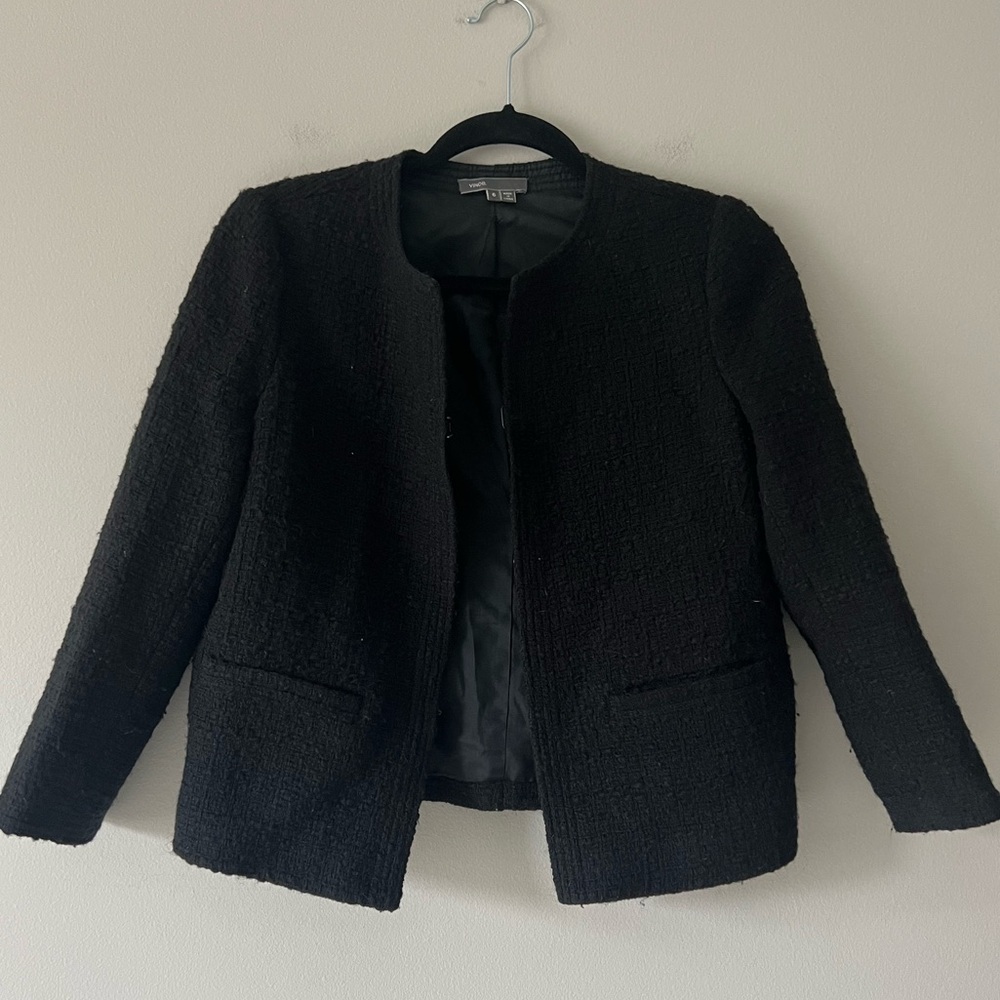 Vince Black Textured Hook & Eye Tweed Jacket Blazer Size 6